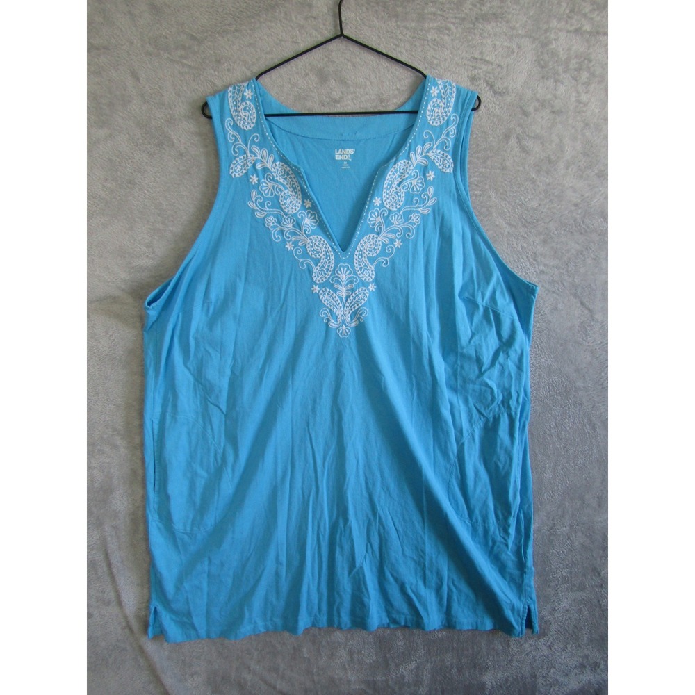 Lands‎ End Womens 3X Turquoise Blue Cotton Embroidered Sleeveless Tunic Coverup
